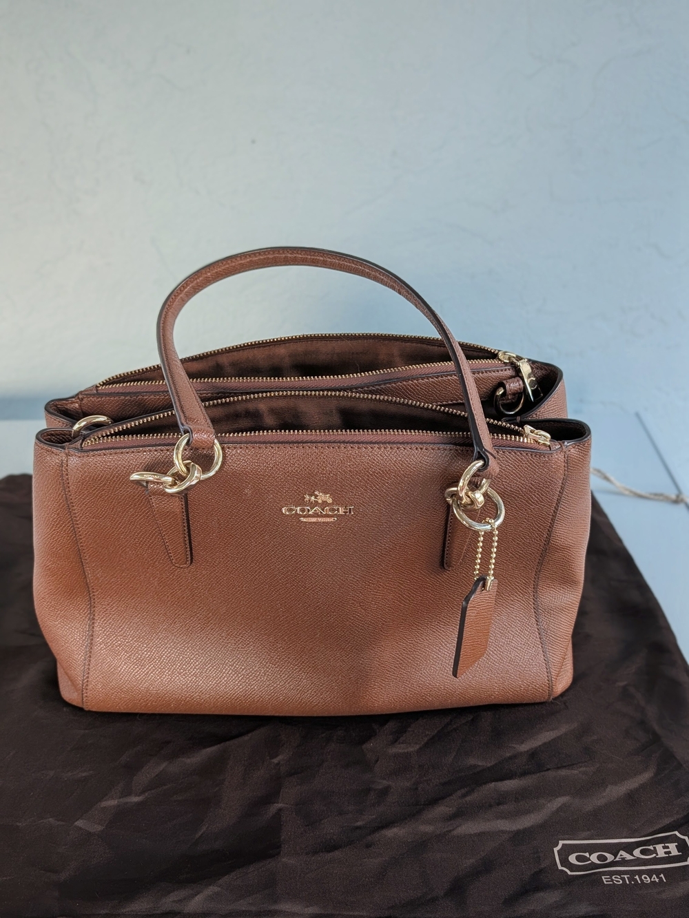 Coach Brown Saffiano Leather Satchel with Gold Hardware